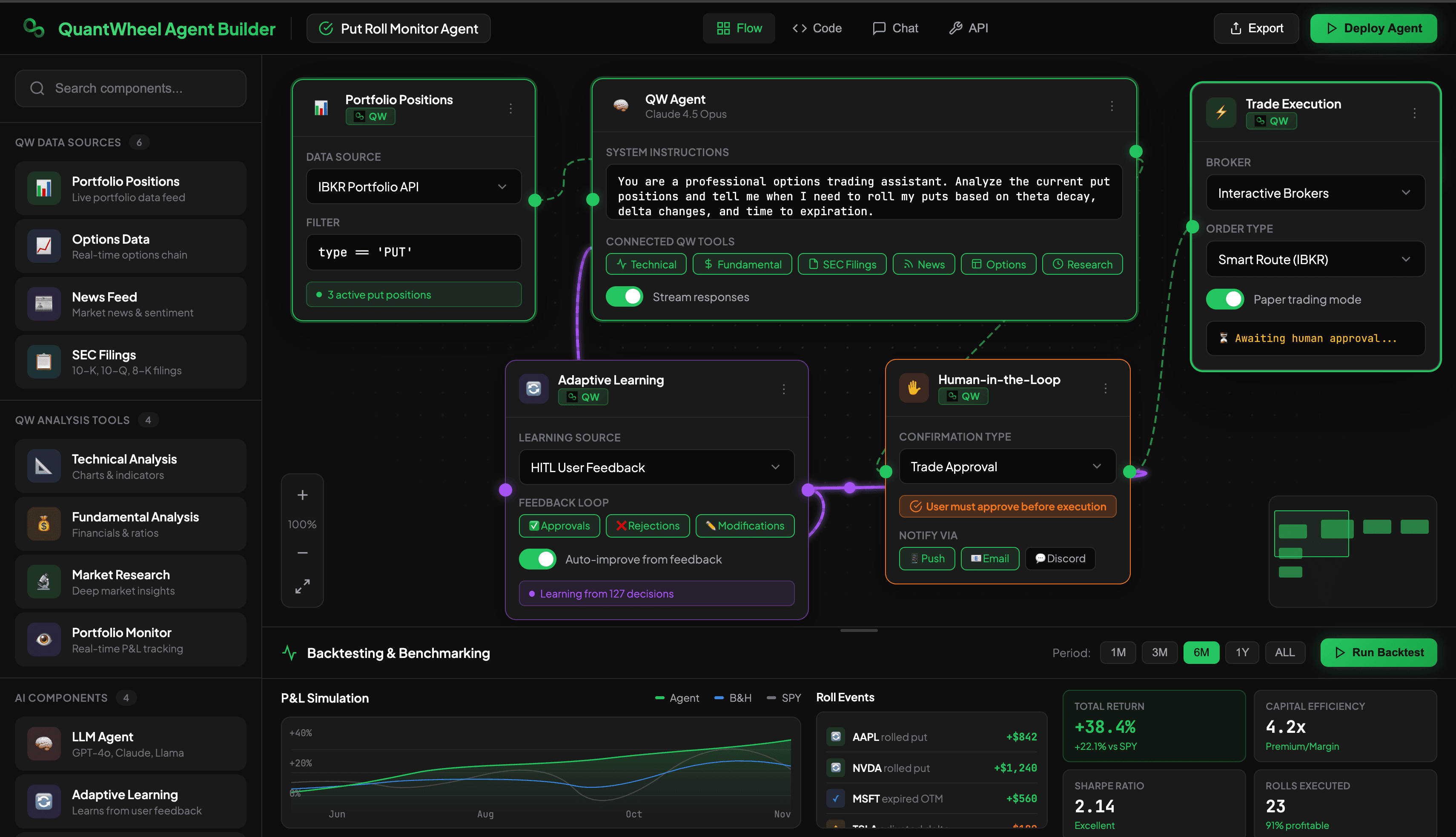 QuantWheel agentic options platform displaying AI-powered agent builder for automated trading strategies. Build research, portfolio monitoring, and copy trading agents that reason, adapt, and learn for options and equities execution with broker integration.
