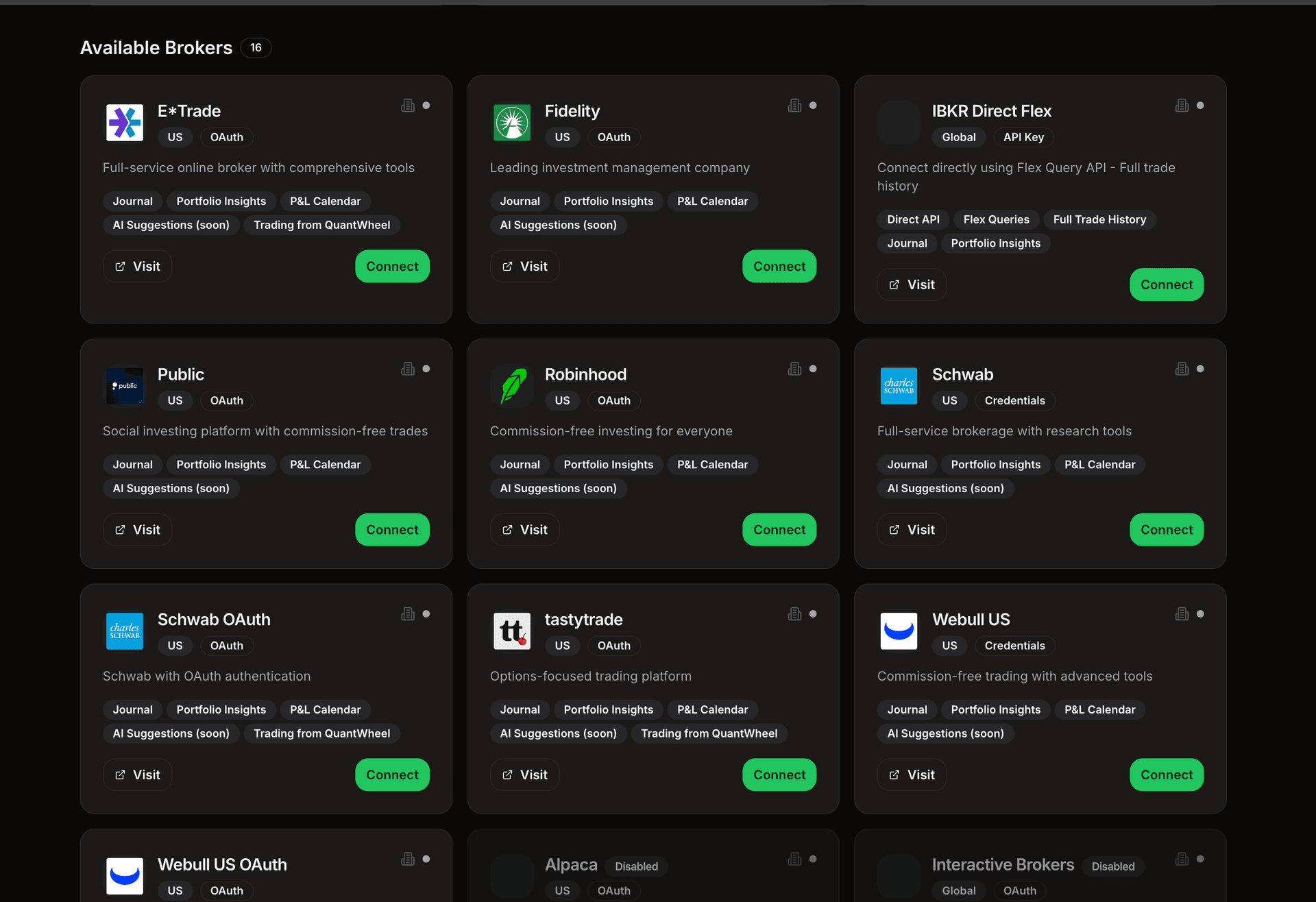 Options trading journal broker integration displaying secure connection to trading accounts including Schwab, Fidelity, Robinhood, IBKR, Tastytrade, E*Trade for personalized portfolio analysis and automatic trade sync.