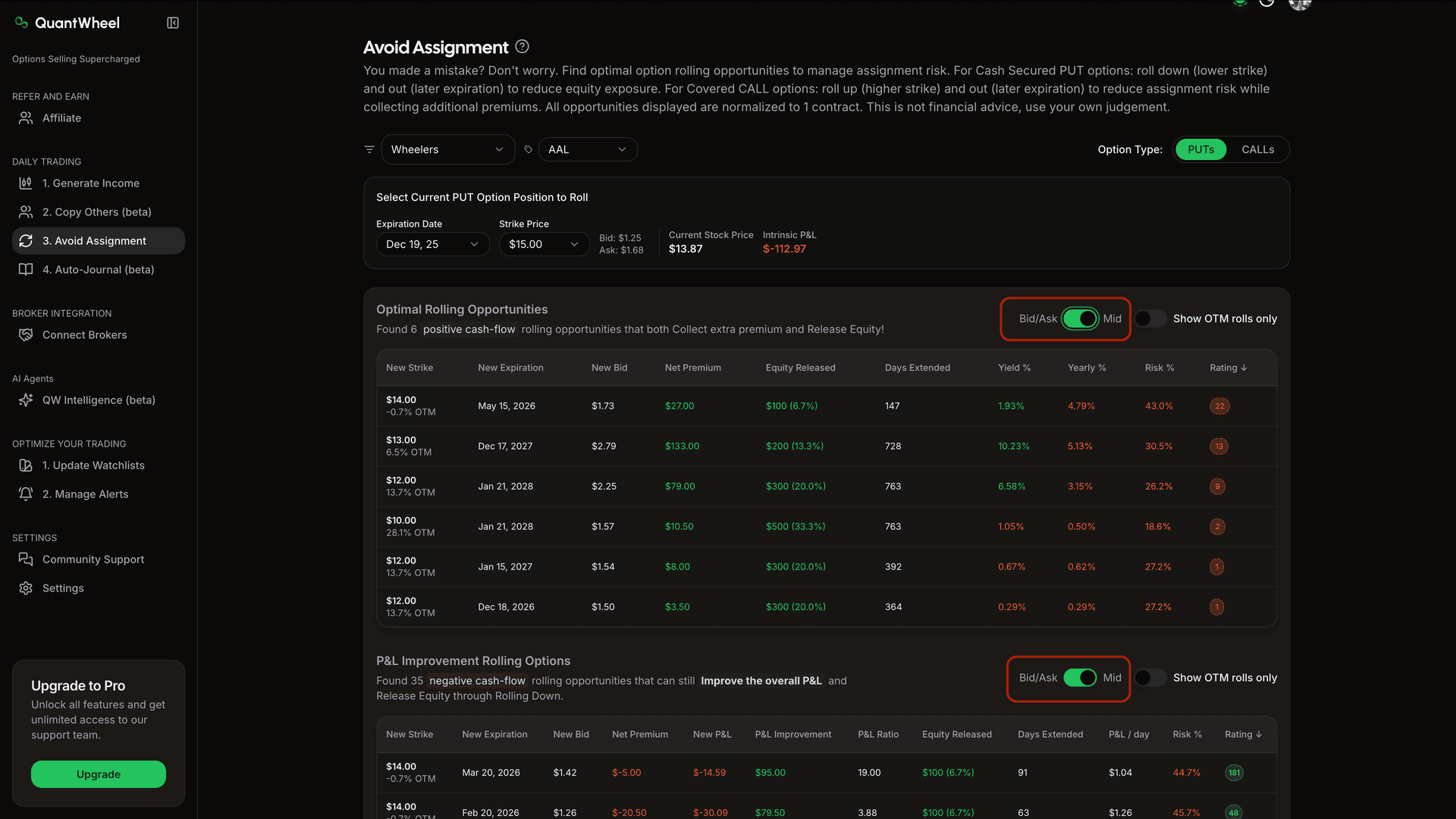 Optimal roll calculator settings showing bid/ask or mid price selection and OTM filter options for credit calculations.