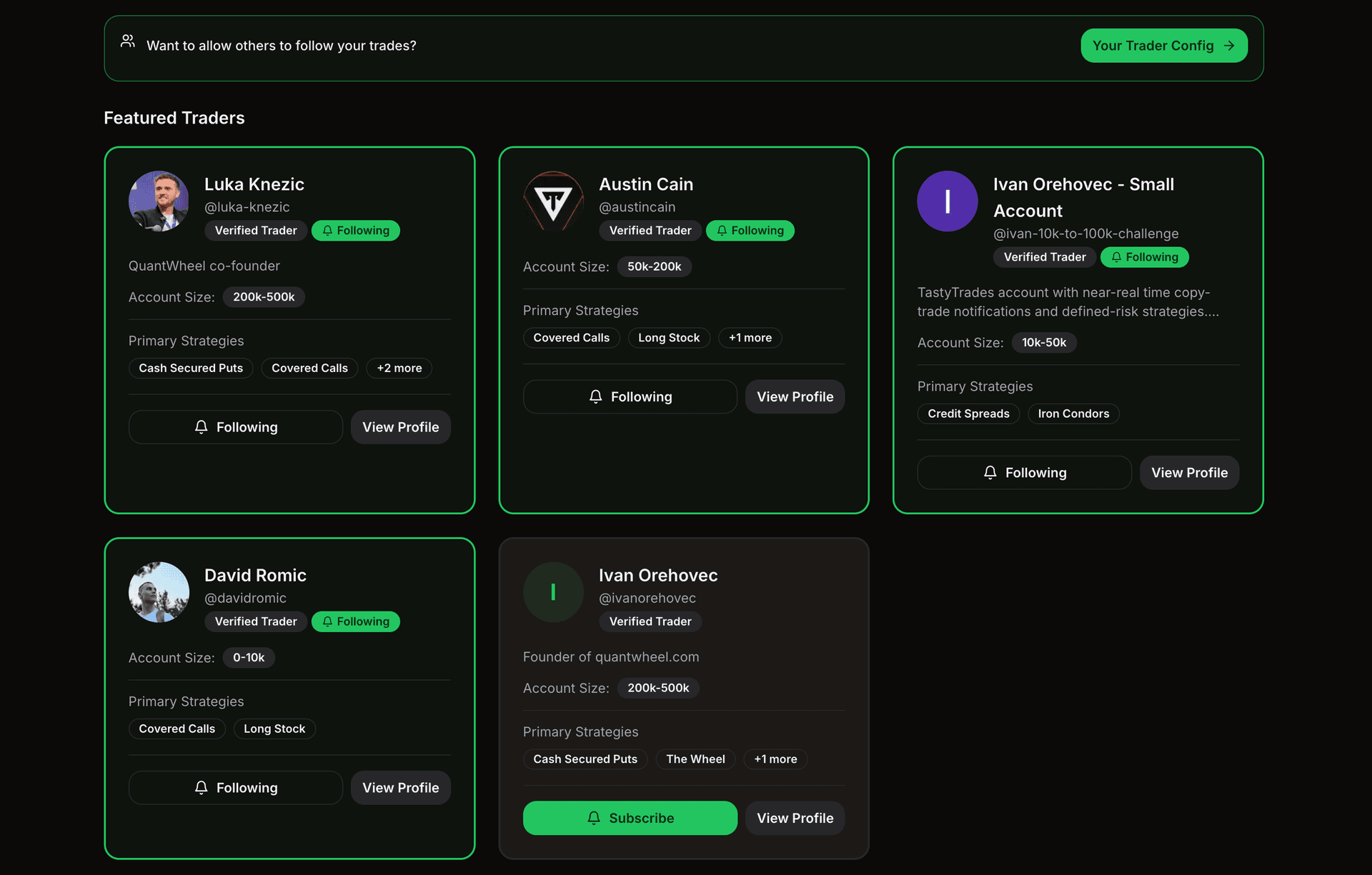 Options copy trading leader selection interface displaying verified traders with performance metrics, strategy types, and risk profiles. Investors can filter by call and put strategy preferences, volatility levels, and trading frequency to find matching traders.