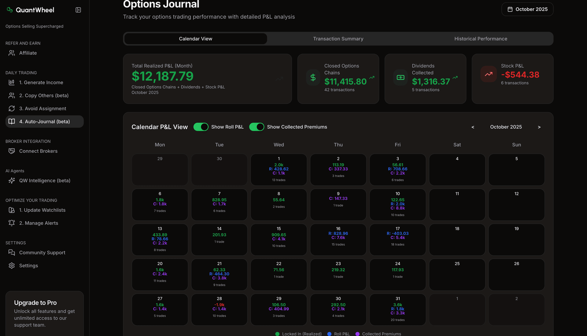 Options trading journal income calendar view showing monthly profits, losses, and premium income patterns. Visualizes trading performance and identifies most profitable periods and strategies.
