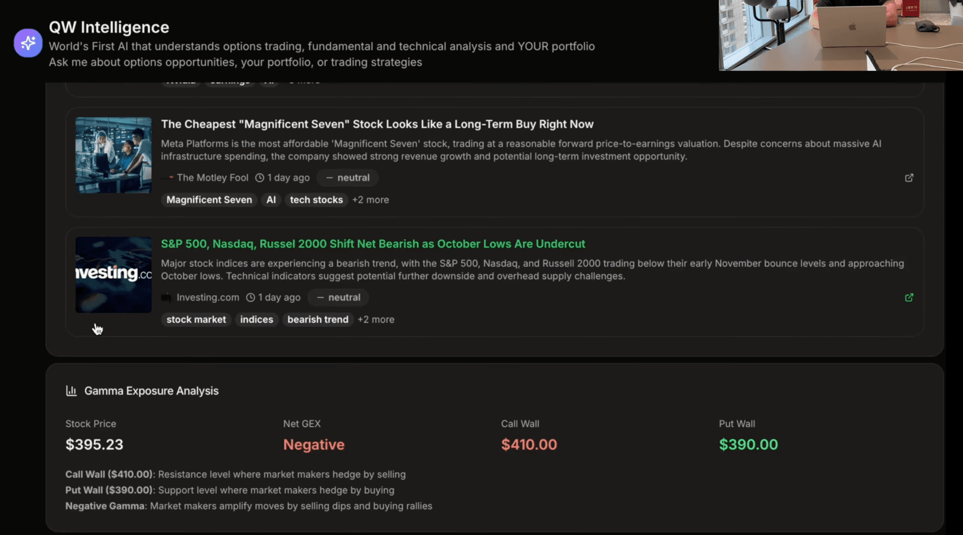 Options AI GEX and news analysis feature displaying gamma exposure data with intelligent interpretation of market maker positioning affecting stock movements. The AI explains how dealer hedging impacts volatility, price support and resistance levels.