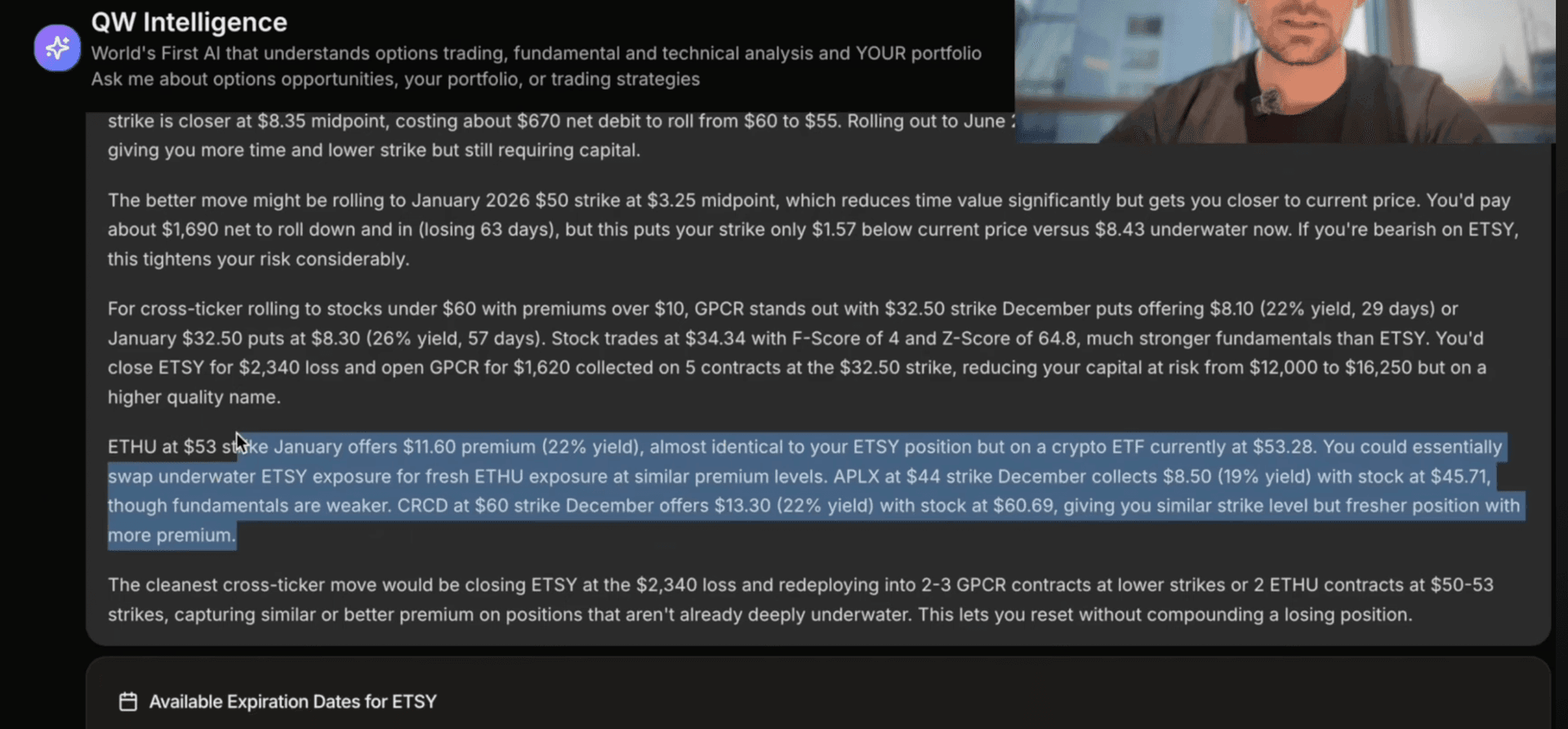 Options AI strategy suggestions displaying intelligent trade ideas based on portfolio composition, market conditions, and risk tolerance. The AI recommends calls, puts, spreads, and other contracts with probability assessments and profit projections.