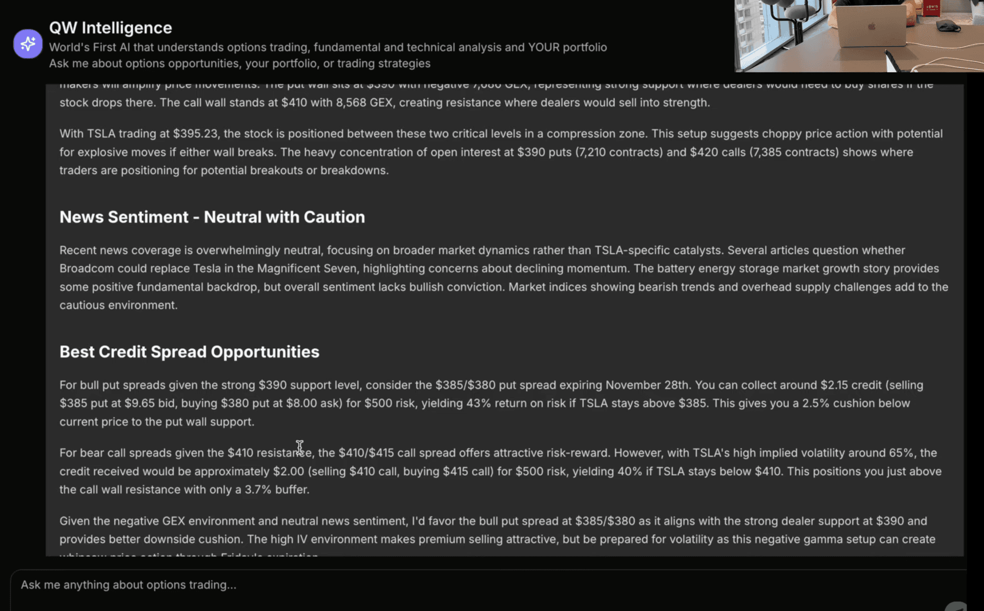 Options AI sentiment analysis feature displaying intelligent processing of market information affecting portfolio positions. The AI correlates news events with volatility impact, stock movements, and options contract implications for trading insights.