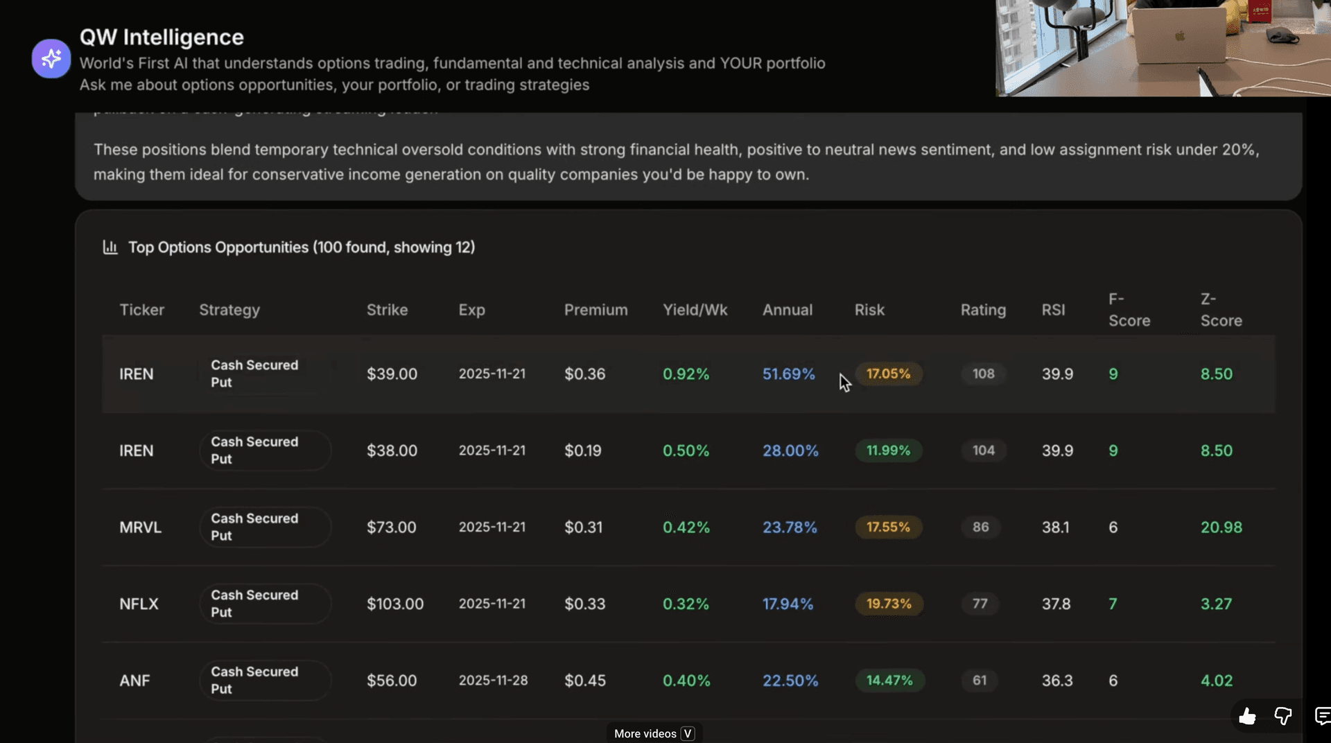Options AI natural language screening showing AI-generated trade ideas based on spoken criteria. The platform translates questions into instant screener results for calls, puts, and options strategies matching user parameters.