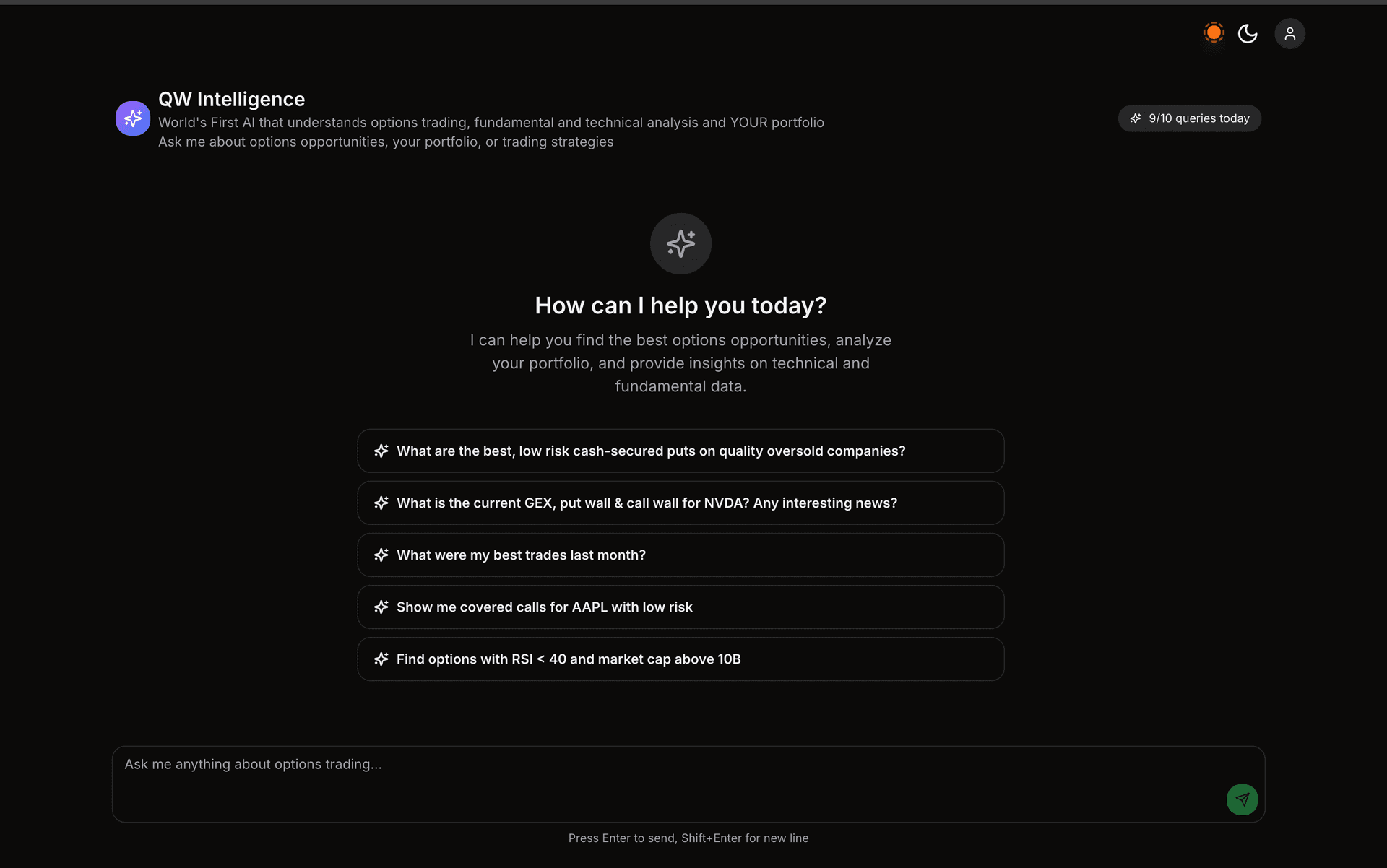 Options AI QW Intelligence main interface displaying the broker-connected assistant that understands your portfolio positions and provides contextual trading insights. The AI analyzes calls, puts, contracts, and derivatives with real-time market data integration.