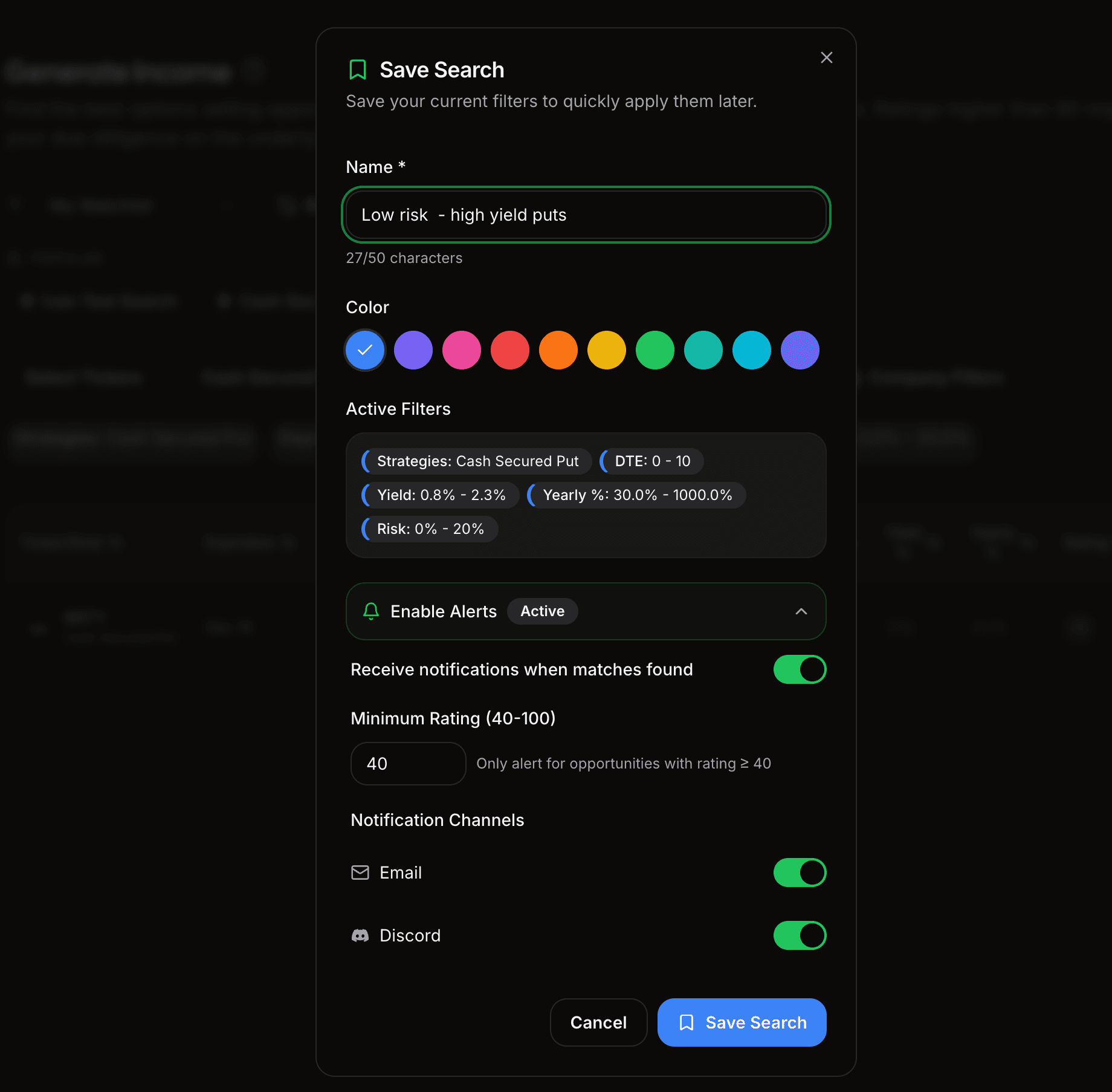 Options selling screener saved search feature showing alert configuration for premium selling opportunities. Traders save custom filter criteria and receive notifications when new cash secured puts or covered calls match their parameters.