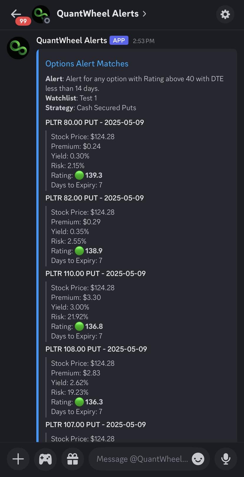 Discord alerts integration for the options screener platform showing real-time trading signals and market notifications delivered directly to investors. The interface displays options data including stock tickers, strategy recommendations, strike prices, expiration dates, and premium information for call and put contracts.
