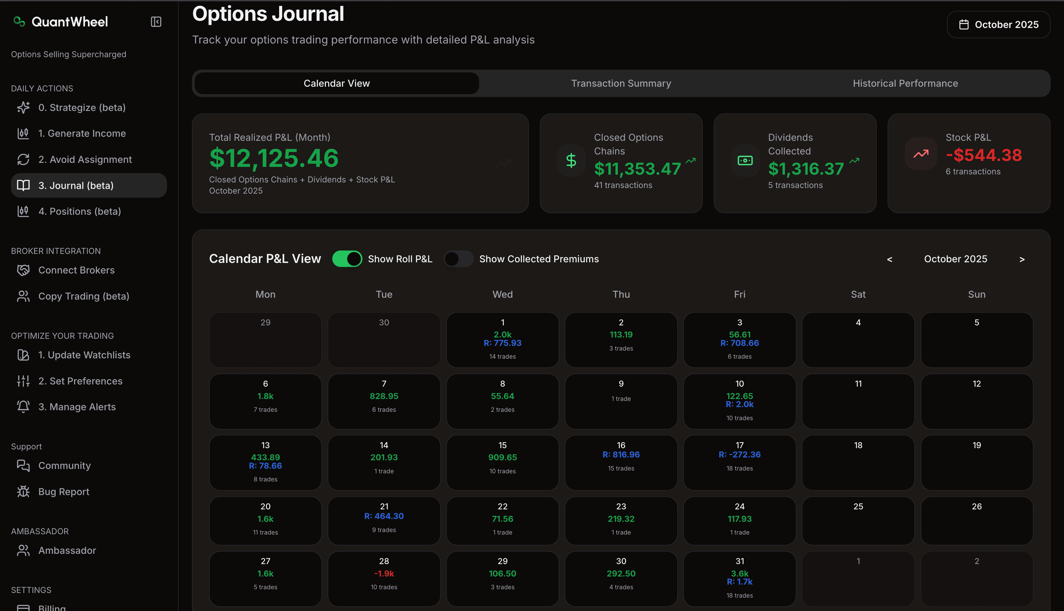 Options screener integrated trading journal displaying the wheel strategy lifecycle with comprehensive portfolio tracking and performance analysis. The interface shows data for call and put contracts including strike prices, expiration dates, premium collected, and underlying stock positions with automatic broker sync.