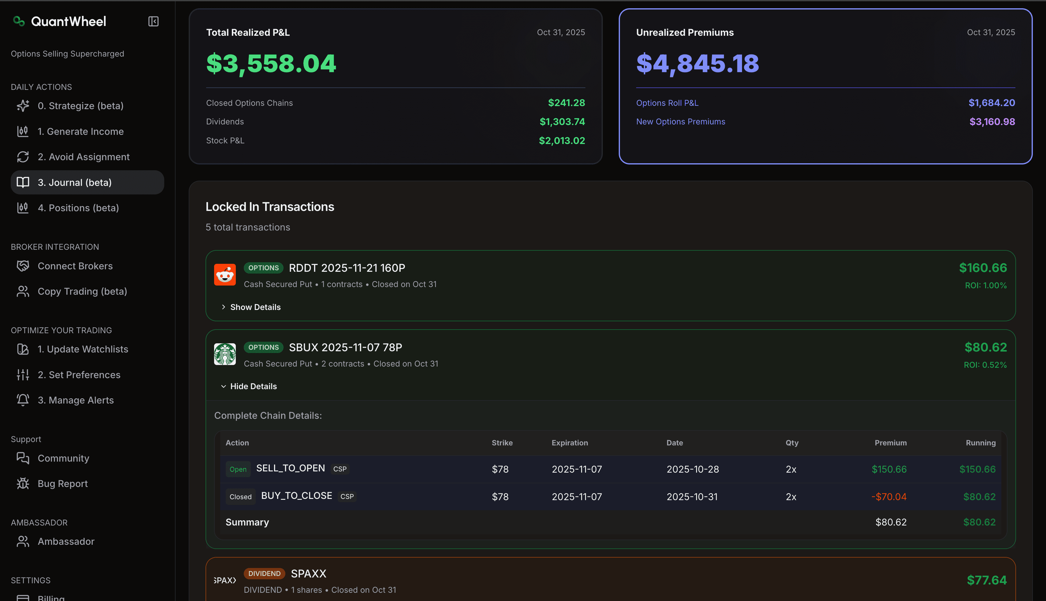 Options screener transaction calendar displaying monthly trading performance with premium income, portfolio value, and data visualization for stock options activities. The view shows expiration dates, strike prices, call and put contracts, and results from various strategies executed throughout the period.
